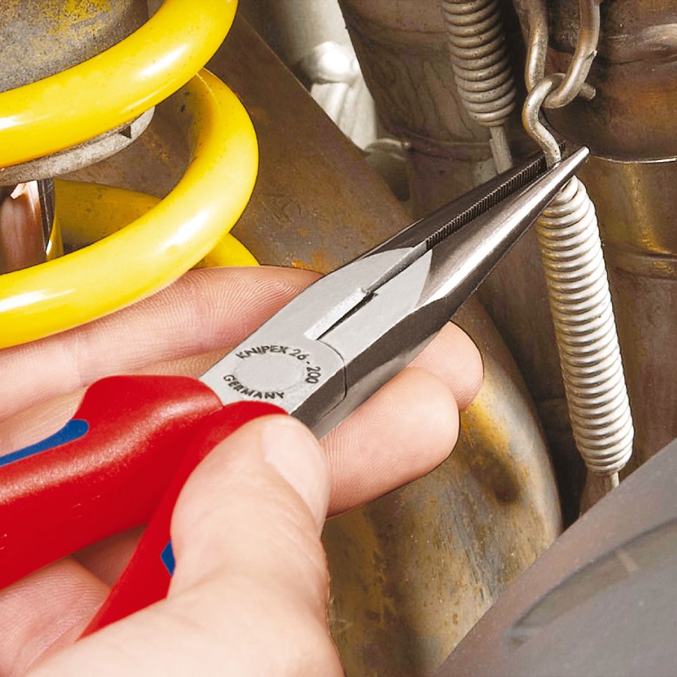 Skip to the end of the images gallery - 33% Skip to the beginning of the images gallery KNIPEX 26 21 200 Snipe Nose Side Cutting Pliers (Stork Beak Pliers) plastic coated black atramentized 200 mm