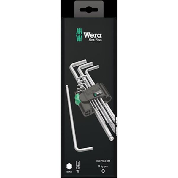 Wera 05073391001 Hex-Plus Hex Key Set 950 PKL/9 SB High Torque with Ball-end, Metric Long Chrome Plate, 1.5 mm-10 mm, 9-Piece
