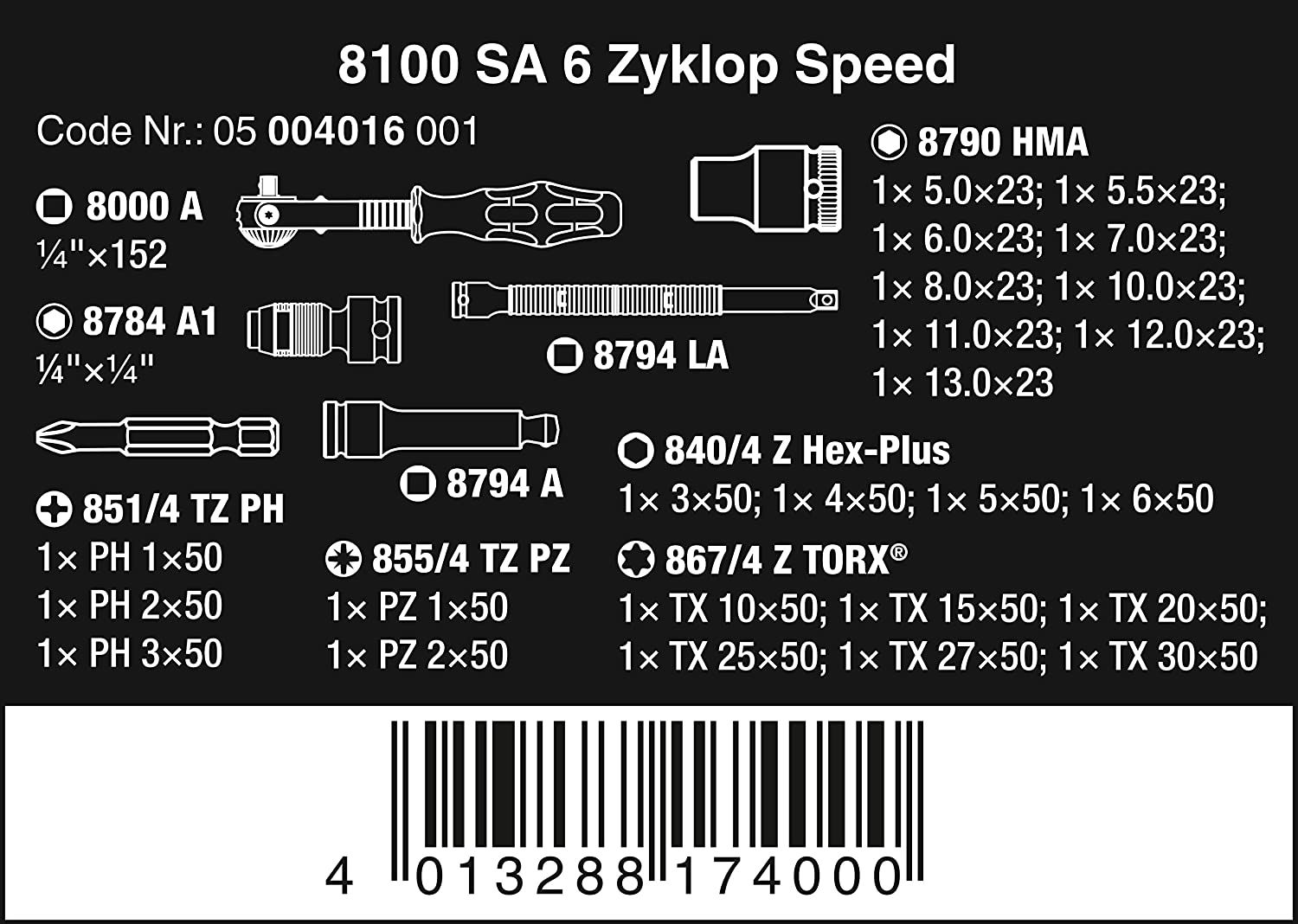 Wera 05004016001 - 8100 SA 6 Zyklop Metric Speed Ratchet Set, 28 Piece, 1/4"