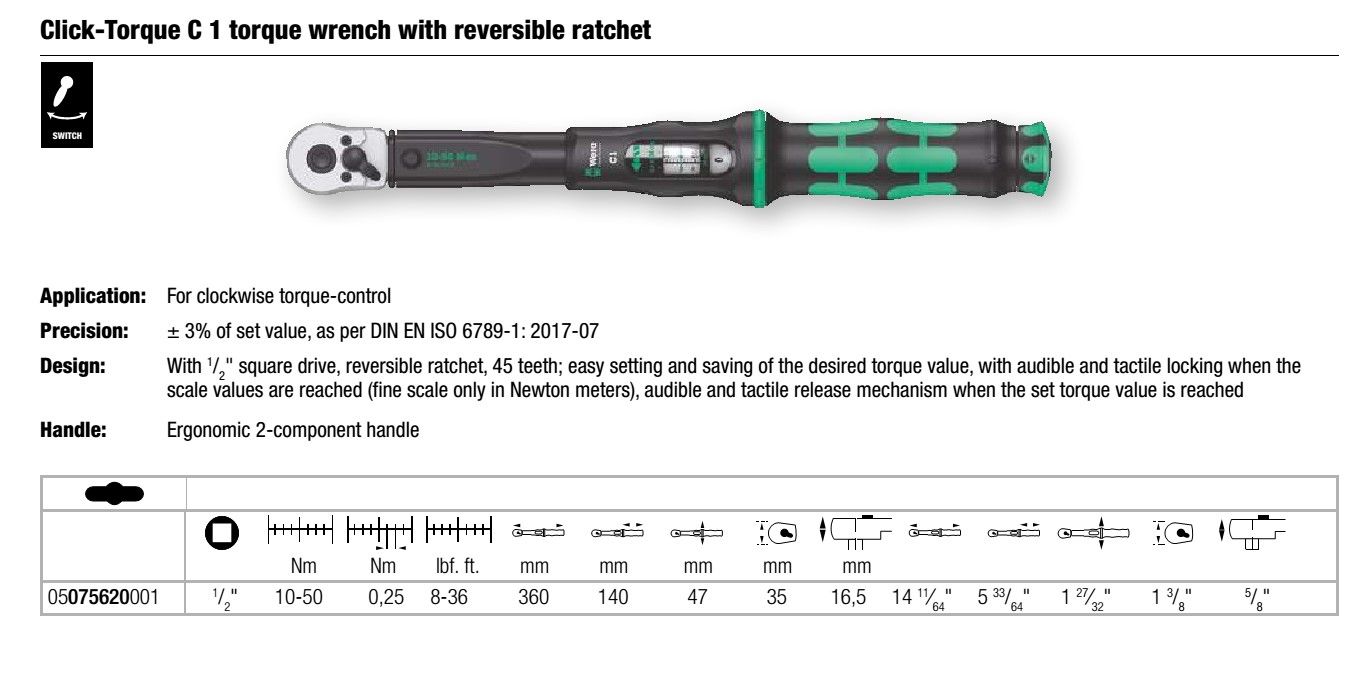 Wera - Click-Torque Adjustable Torque Wrenches with Reversible Ratchet 10-50Nm - 05075620001